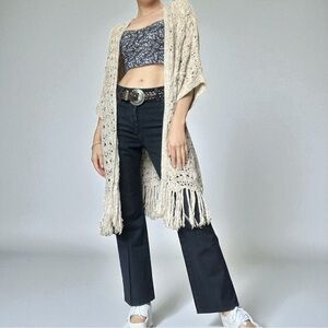 American Eagle Cream Crochet Knit Fringe Long Cardigan Boho